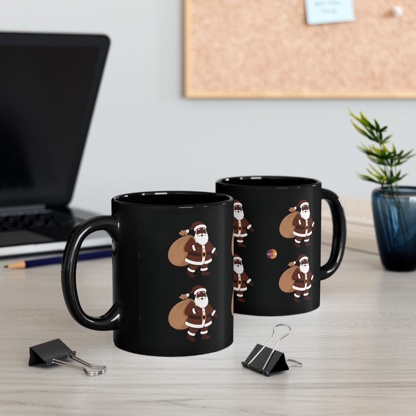 Festive Santa Mug, Christmas Coffee Cup, Holiday Gift, Black Ceramic Mug, Santa Claus Decorations, Merry & Bright