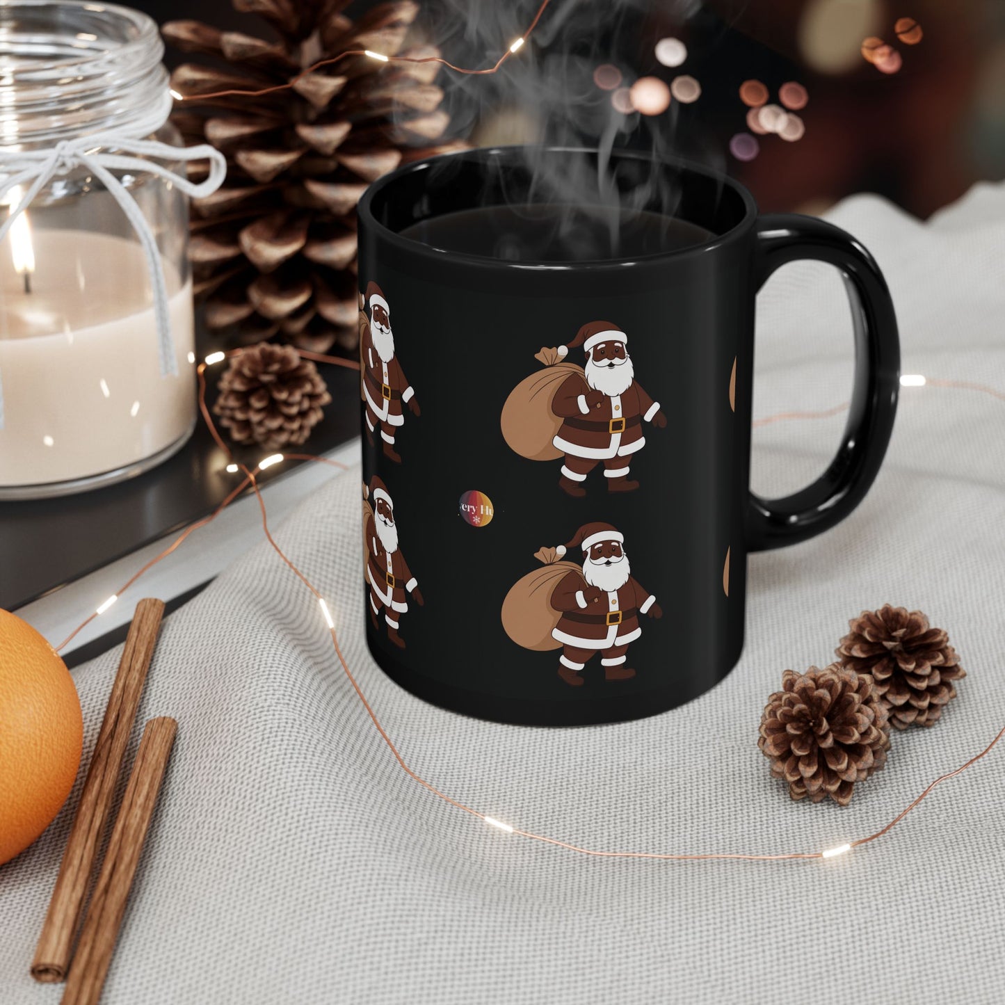 Festive Santa Mug, Christmas Coffee Cup, Holiday Gift, Black Ceramic Mug, Santa Claus Decorations, Merry & Bright