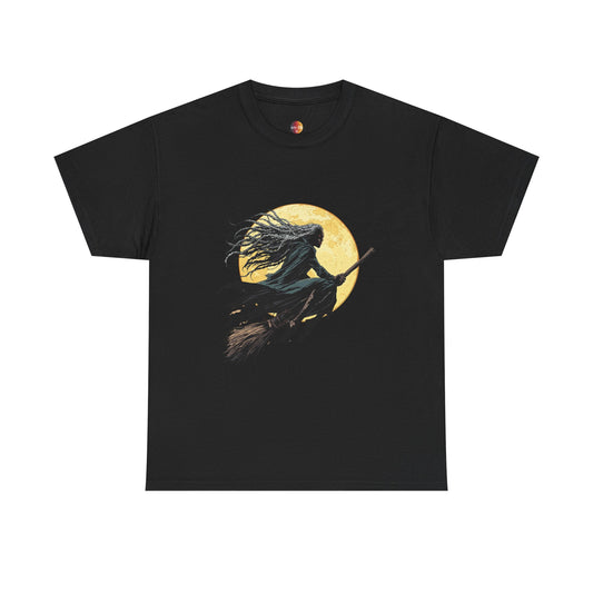 Mystical Witch T-Shirt - Unisex Heavy Cotton Tee, Halloween Shirt, Gift for Witch Lovers, Spooky Apparel, Full Moon Design