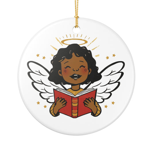 Angel Reading Ceramic Ornament, Christmas Tree Decoration, Gift for Readers, Child's Room Decor, Religious Gift, Holiday Ornament